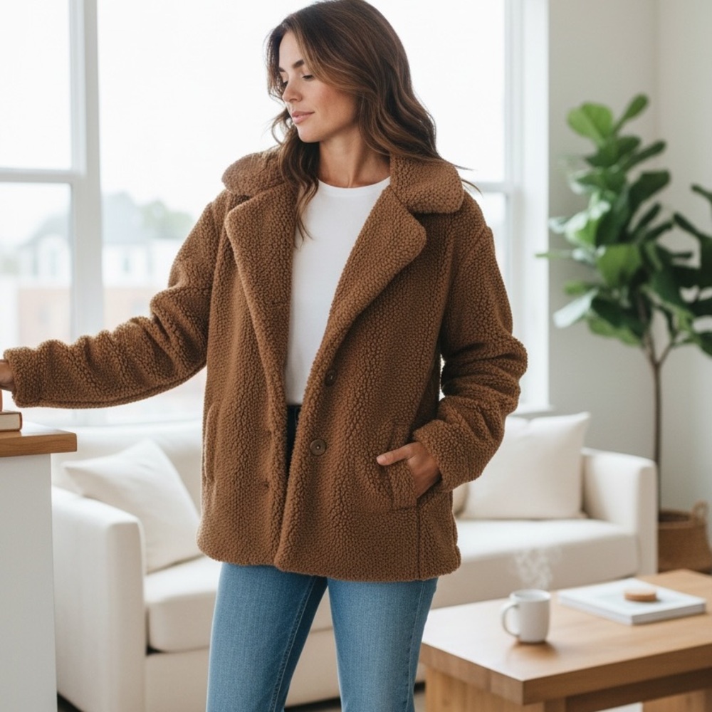 C&C California Rust Brown Faux-Sherpa Teddy Jacket Coat Size M